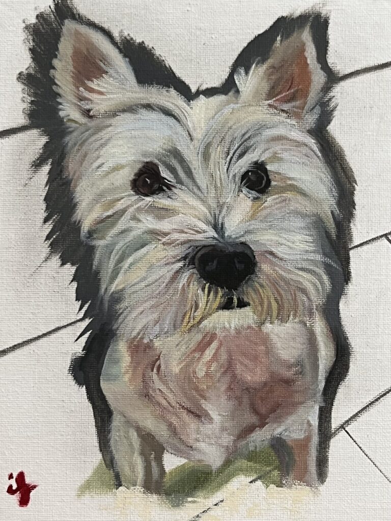 Pintura d'un gos terrier de pèl gris i blanc sobre fons clar, obra d'Ifgasa