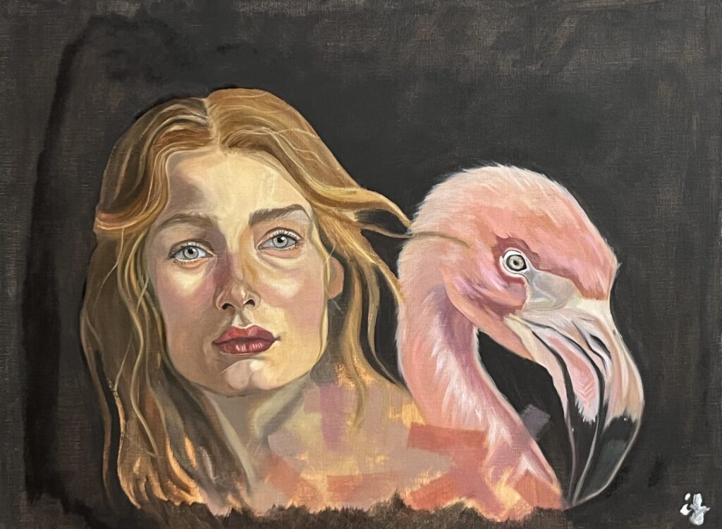 Pintura d'un rostre femení amb un flamenc rosa sobre fons fosc, obra d'Ifgasa