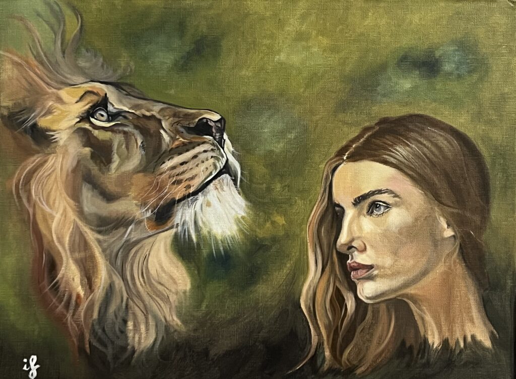 Pintura d'una dona i un cap de lleó que es miren, en tons verds i daurats, obra d'Ifgasa
