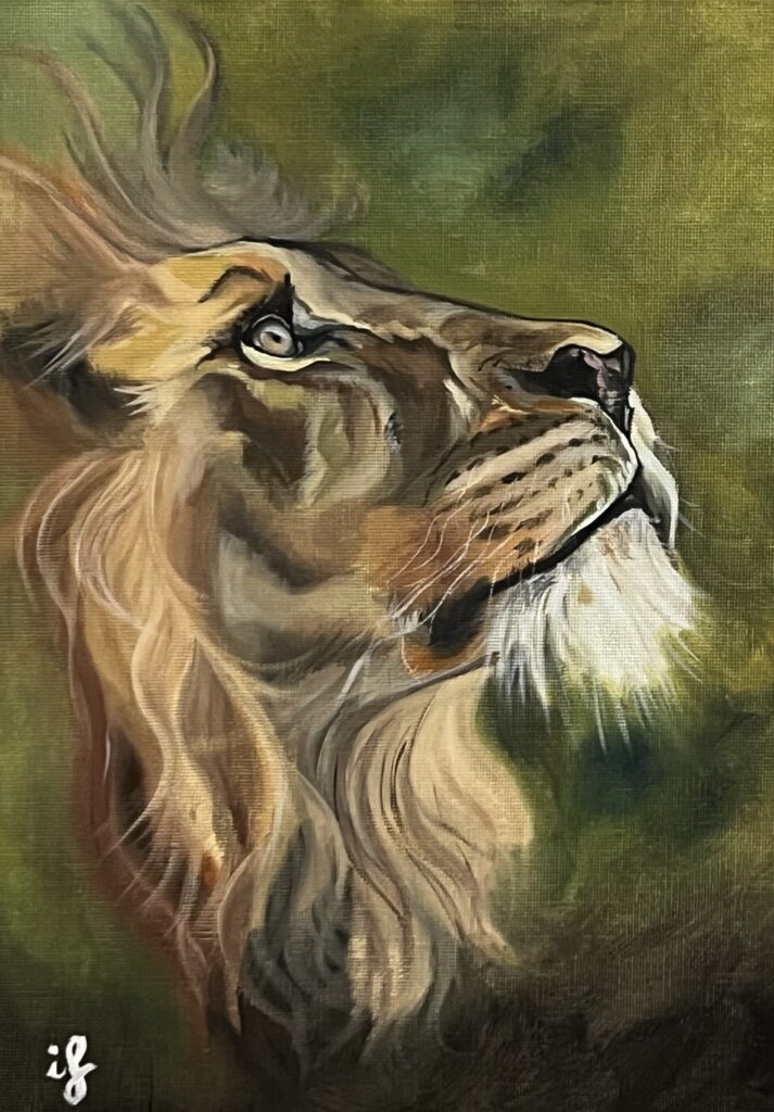Pintura d'un lleó de perfil amb crinera daurada sobre fons verd, obra d'Ifgasa