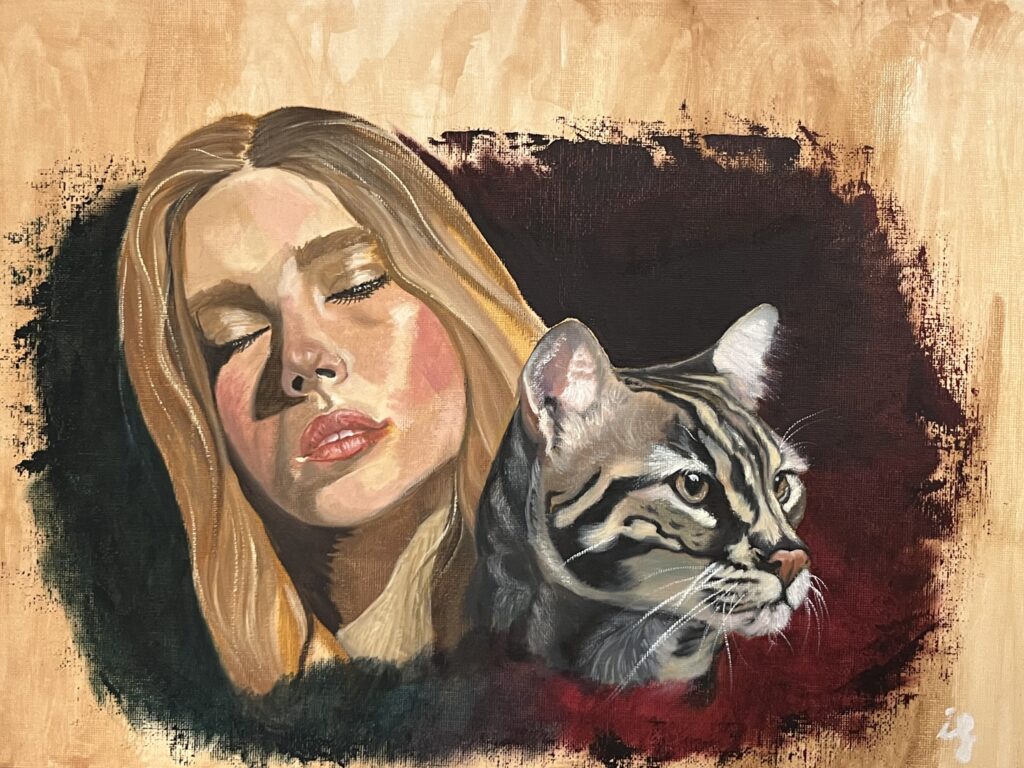Pintura d'una dona rossa amb els ulls tancats i un gat, sobre fons fosc, obra d'Ifgasa