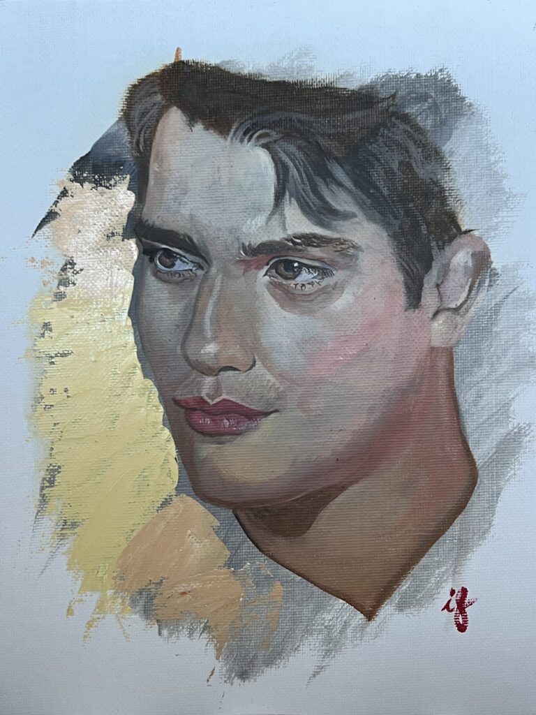Pintura d'un jove d'ulls clars sobre fons blau i groc, obra d'Ifgasa