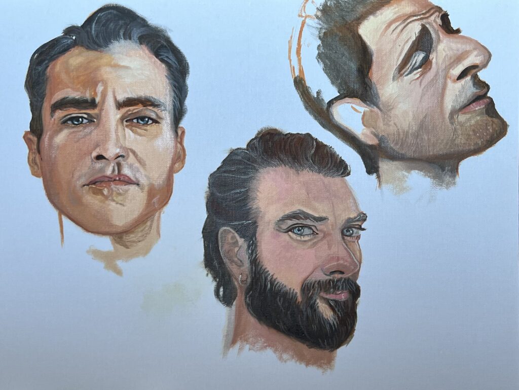 Pintura de tres retrats masculins sobre fons blau clar, obra d'Ifgasa