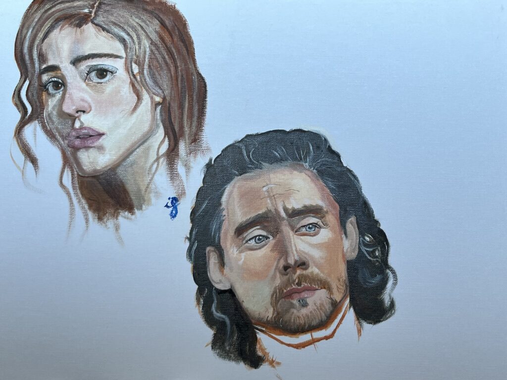 Pintura de dos retrats, una dona i un home, sobre fons blau clar, obra d'Ifgasa