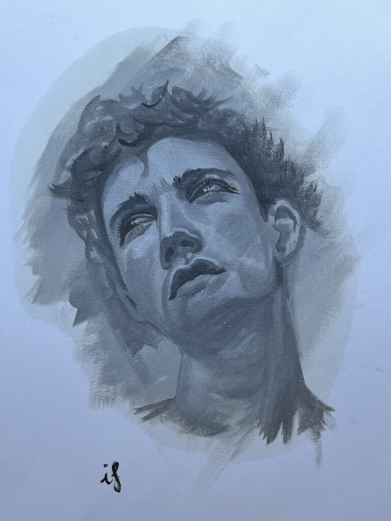 Pintura d'un home jove arrissat en tons blavosos sobre fons clar, obra d'Ifgasa