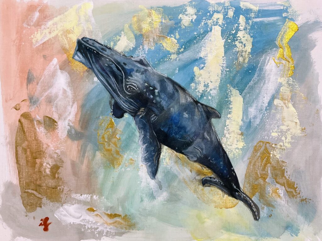Pintura d'una balena fosca nedant sobre fons abstracte blau, rosa i groc, obra d'Ifgasa