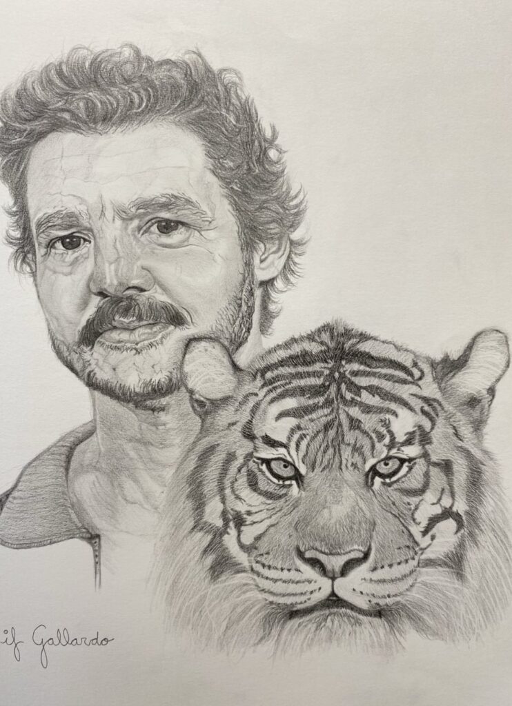 Dibuix d'un home amb bigoti i un cap de tigre, en tons grisos, obra d'Ifgasa