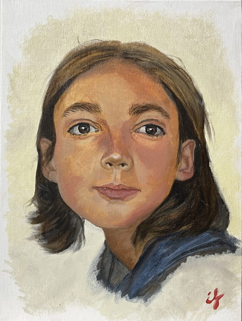Pintura del rostre d'una nena de cabells castanys, en tons beix i blaus, obra d'Ifgasa